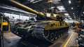 Modern tank inside warehouse of military plant, armored vehicle stored in factory. Interior of industrial hangar. Concept of