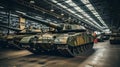 Modern tank in military plant, armored vehicle stored in warehouse of factory. Interior of industrial hangar. Concept of