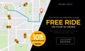 Modern taxi banner ad with promotional code vector illustration. Free ride discount card with top view on city map with geolocatio