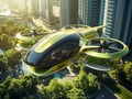 Modern taxi drone in the city of the future. Flying passenger transport.