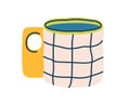 Modern tea mug with chequered pattern. Ceramic coffee cup with unusual handle. Cute teacup with decor. Stylish drink