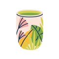 Modern tea mug with floral pattern. Ceramic coffee cup. Cute beaker with leaves and flowers. Drink crockery with matcha