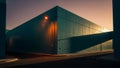 Modern teal concrete building corner with streetlights and sunset sky Royalty Free Stock Photo