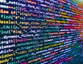 Modern tech. Abstract technological background with digits and lines. Program code PHP HTML CSS of site. Abstract screen of web Royalty Free Stock Photo