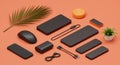Modern Tech Accessories Flat Lay on Coral Background Royalty Free Stock Photo