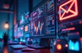 Modern tech desktop with multiple screens showing coding, data visualizations. Graphic tools, coding elements create abstract Royalty Free Stock Photo