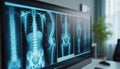 Modern tech medical office displays multiple x-ray images on computer screen. Digital imaging skeletal system views for