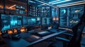 Modern tech office with multiple monitors displaying data analytics and code Royalty Free Stock Photo