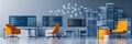 Modern Tech Office Workspace Sleek office space featuring multiple computer screens displaying code orange chairs and a city Royalty Free Stock Photo