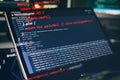 Modern tech. PHP syntax highlighted. Writing programming functions on laptop. Big data and Internet of things trend Royalty Free Stock Photo
