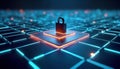 Modern tech security concept. Abstract digital network structure. Lock symbol represents secure endpoint. Data protection, device Royalty Free Stock Photo