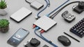 Arrangement is a silver multi port USB hub with multiple blue and red Royalty Free Stock Photo
