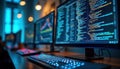 Modern tech workplace with multiple monitors displaying coding. Software engineers work on complex applications. Dynamic