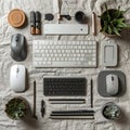Modern Tech Workspace Flat Lay with Keyboards and Mice Royalty Free Stock Photo