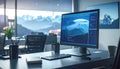 Modern Tech Workspace with Mountain-Themed Coding Monitor Royalty Free Stock Photo