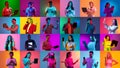 Collage of large group of ethnically diverse people, men and women using different gadgets on multicolored background in Royalty Free Stock Photo