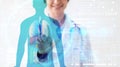 Cropped of woman doctor touching hologram of human body, collage