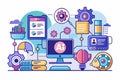 Modern technology and abstract concept of AI optimization with vector graphics depicting apps, tools, and data analytics in a Royalty Free Stock Photo