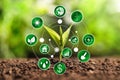 Technology in agriculture. Green seedling and icons