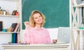 Modern technology class room. modern technology. girl Study Online in Classroom. happy student with laptop. teacher Royalty Free Stock Photo