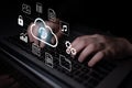 Modern Technology Concept with Cloud Computing Data Management and Digital Icons Representing Files, Security, and Media Royalty Free Stock Photo