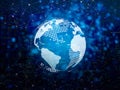 Modern technology concept. Digital globe with lines and dots connection icons on dark blue background. Wireless network connection
