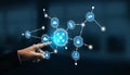 Modern Technology Concept with Human Hand Interacting with Digital Network Icons Representing Connections, Data and Royalty Free Stock Photo