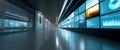 Modern technology corridor with digital screens displaying data and graphs in a futuristic or control room environment Royalty Free Stock Photo