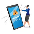 Modern technology cyber security protection, criminal attack to mobile phone, woman frighten flat vector illustration