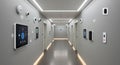 A modern, technology-enhanced corridor features sleek gray walls adorned with Royalty Free Stock Photo