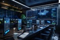 A modern, technology-focused marketing office with multiple screens displaying AI algorithms analyzing user behavior and Royalty Free Stock Photo