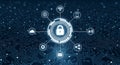 Shining padlock icon secures data sharing on blue circuit board background, representing global safety Royalty Free Stock Photo
