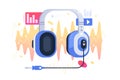 Modern technology icon of headphones on sound wave illustration backgrounds. Royalty Free Stock Photo