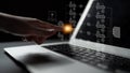 Modern Technology Interface with Laptop and Human Interaction Displaying Workflow Process and Data Analysis in a Dark Royalty Free Stock Photo