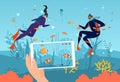 Modern technology lifestyle, live streaming underwater exploring, diver blogger video broadcast flat vector illustration