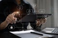 Modern technology and networking concept, woman using laptop, tablet and smartphone with virtual screen API icon Software Royalty Free Stock Photo