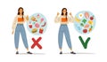 Modern Teen Girl chooses a healthy diet. A woman shows a stop sign for harmful unhealthy trash food. Healthy lifestyle