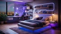 Modern teenage room at night, futuristic interior with purple neon and led light. Luxury home design for child or teen. Concept of