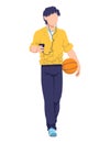 Modern teenager fashion, young male character listen music headphones and hold basketball ball cartoon vector