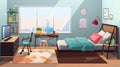 Modern teenager room interior with comfortable bed and beautiful pictures. generative ai Royalty Free Stock Photo