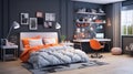 Modern teenager room interior with comfortable bed and stylish design elements. generative ai Royalty Free Stock Photo