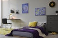 Modern teenager`s room interior with comfortable bed, workplace and stylish design elements Royalty Free Stock Photo