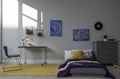 Modern teenager`s room with bed, workplace and stylish design elements Royalty Free Stock Photo