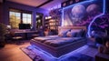 Modern teens room at night, interior with blue neon and led light. Luxury home futuristic design for child with glowing lines. Royalty Free Stock Photo