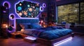 Modern teens room at night, interior with purple neon and led light. Luxury home design for child with space theme. Concept of