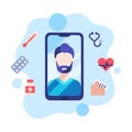 Modern Telemedicine, Male Doctor Giving Online Medical Consultation on Smartphone Screen, Remote Medical Assistance Flat