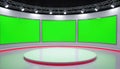 Modern television studio set with three large green screens for chroma keying. Features a circular stage platform and overhead Royalty Free Stock Photo
