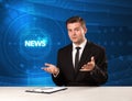 Modern televison presenter telling the news with tehnology backg