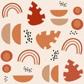 Cute modern terracotta abstract seamless vector pattern background illustration with geometric shapes, rainbows and leaves