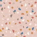 Modern terrazzo seamless pattern. Decorative granite stone texture. Hand drawn repeating tile design in pastel colours